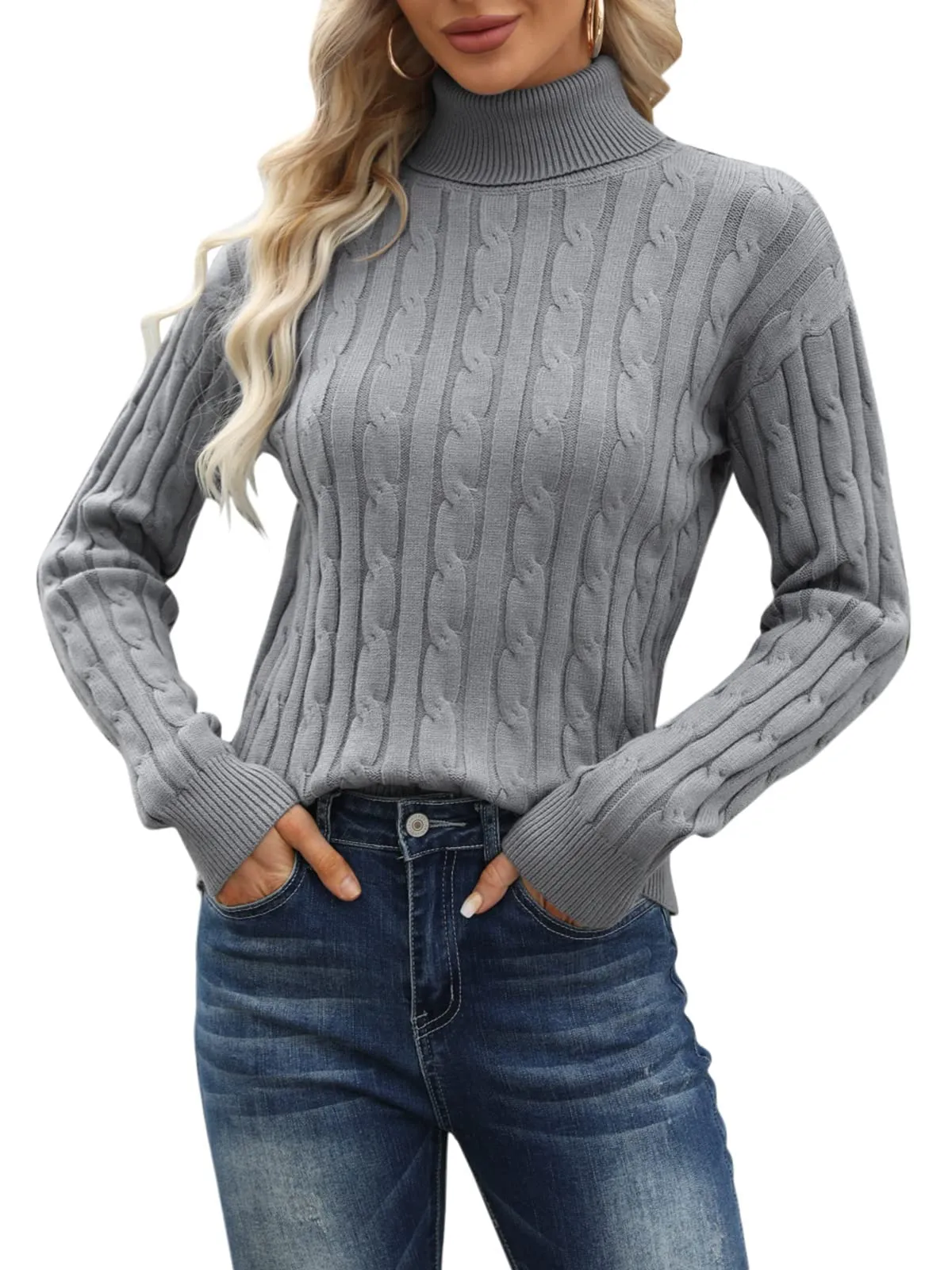 Esobo Women's Classic-fit Lightweight Cable Long Sleeve Mockneck Loose Casual Sweater Jumpers
