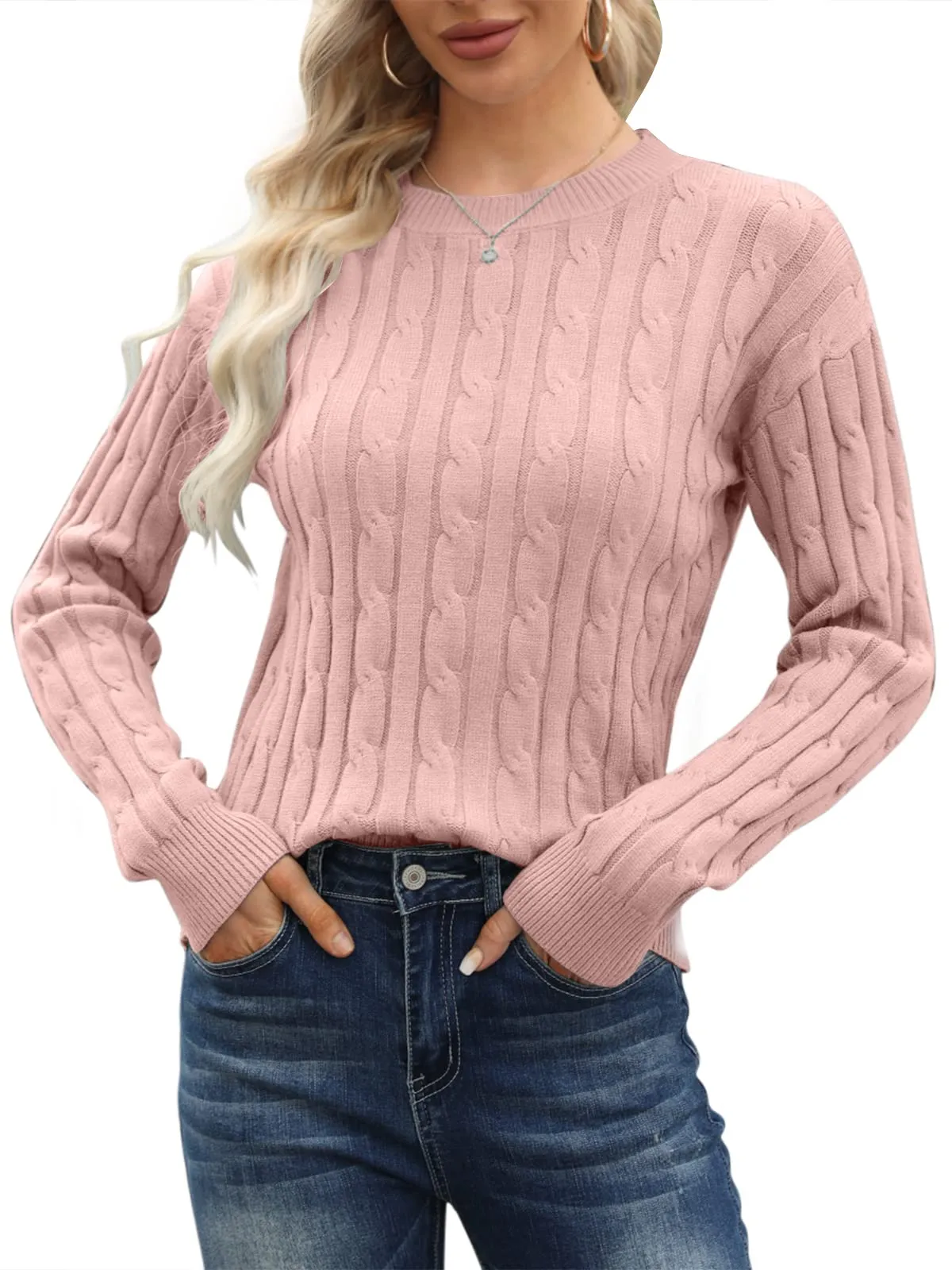 Esobo Women's Classic-fit Lightweight Cable Long Sleeve Mockneck Loose Casual Sweater Jumpers