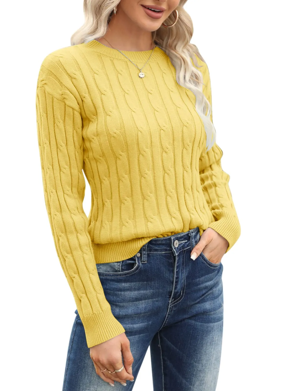 Esobo Women's Classic-fit Lightweight Cable Long Sleeve Mockneck Loose Casual Sweater Jumpers