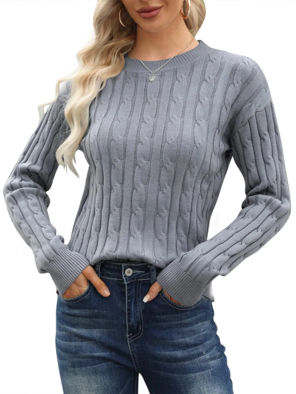Esobo Women's Classic-fit Lightweight Cable Long Sleeve Mockneck Loose Casual Sweater Jumpers