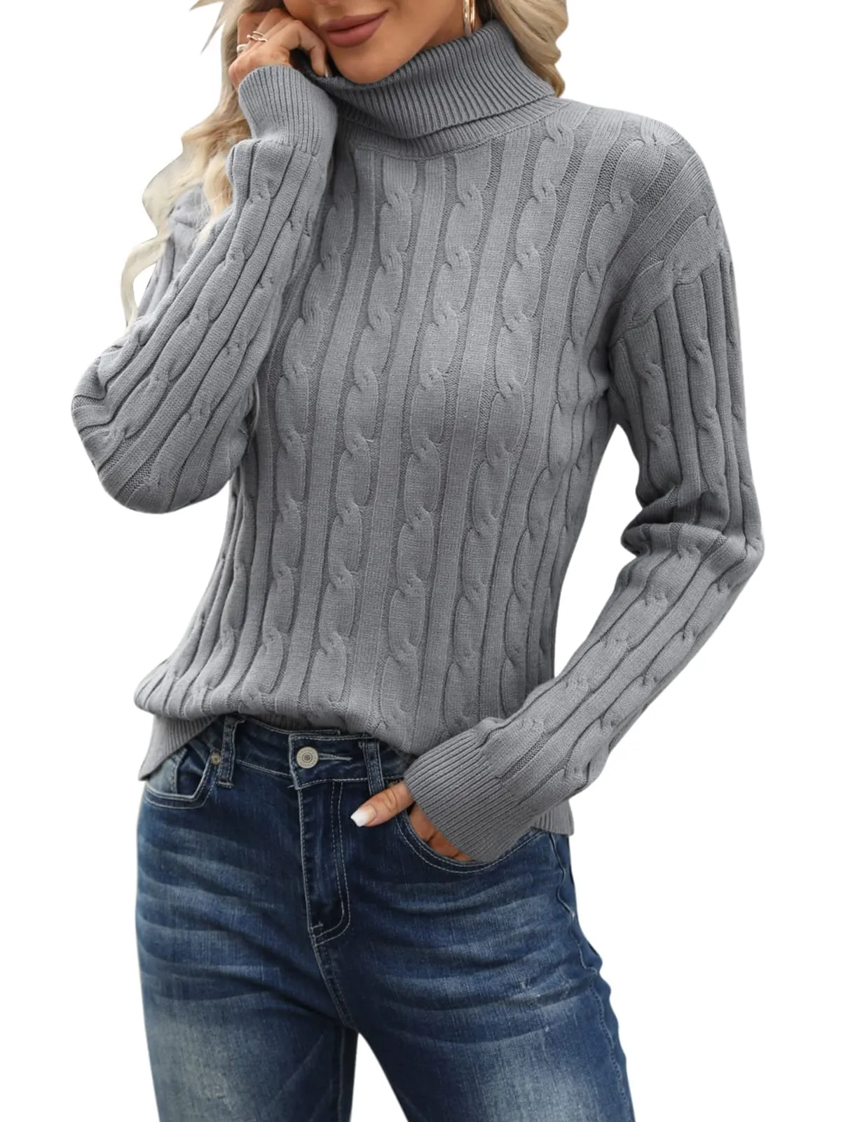 Esobo Women's Classic-fit Lightweight Cable Long Sleeve Mockneck Loose Casual Sweater Jumpers