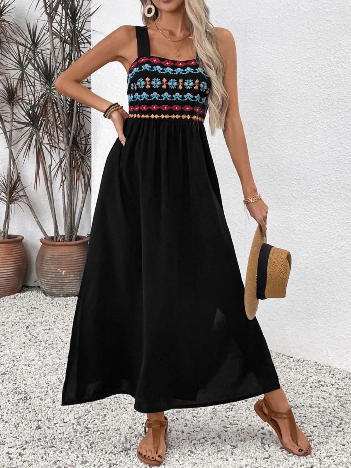 Everly Embroidered Floral Side Slit Sleeveless Midi Dress
