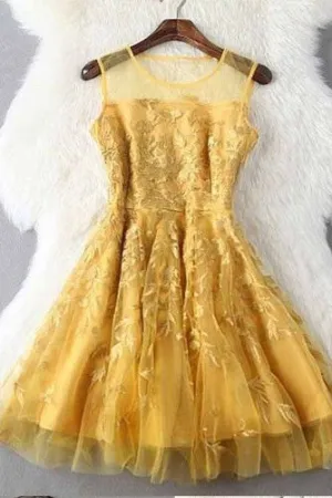 Fashion Gold Jewel A Line Sleeveless with Appliques Short Prom Homecoming Dresses OK508