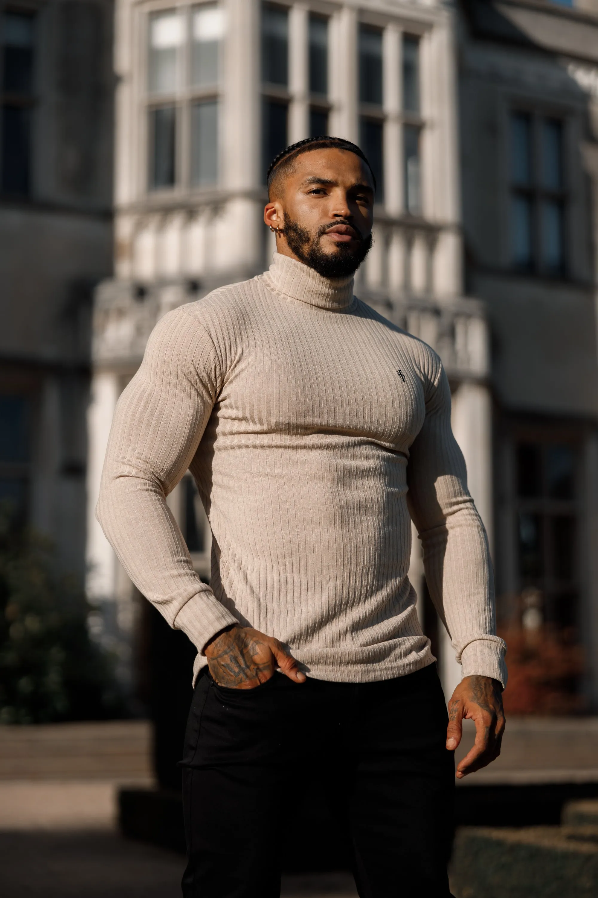 Father Sons Classic Beige / Black Ribbed Knit Roll Neck Jumper - FSH779
