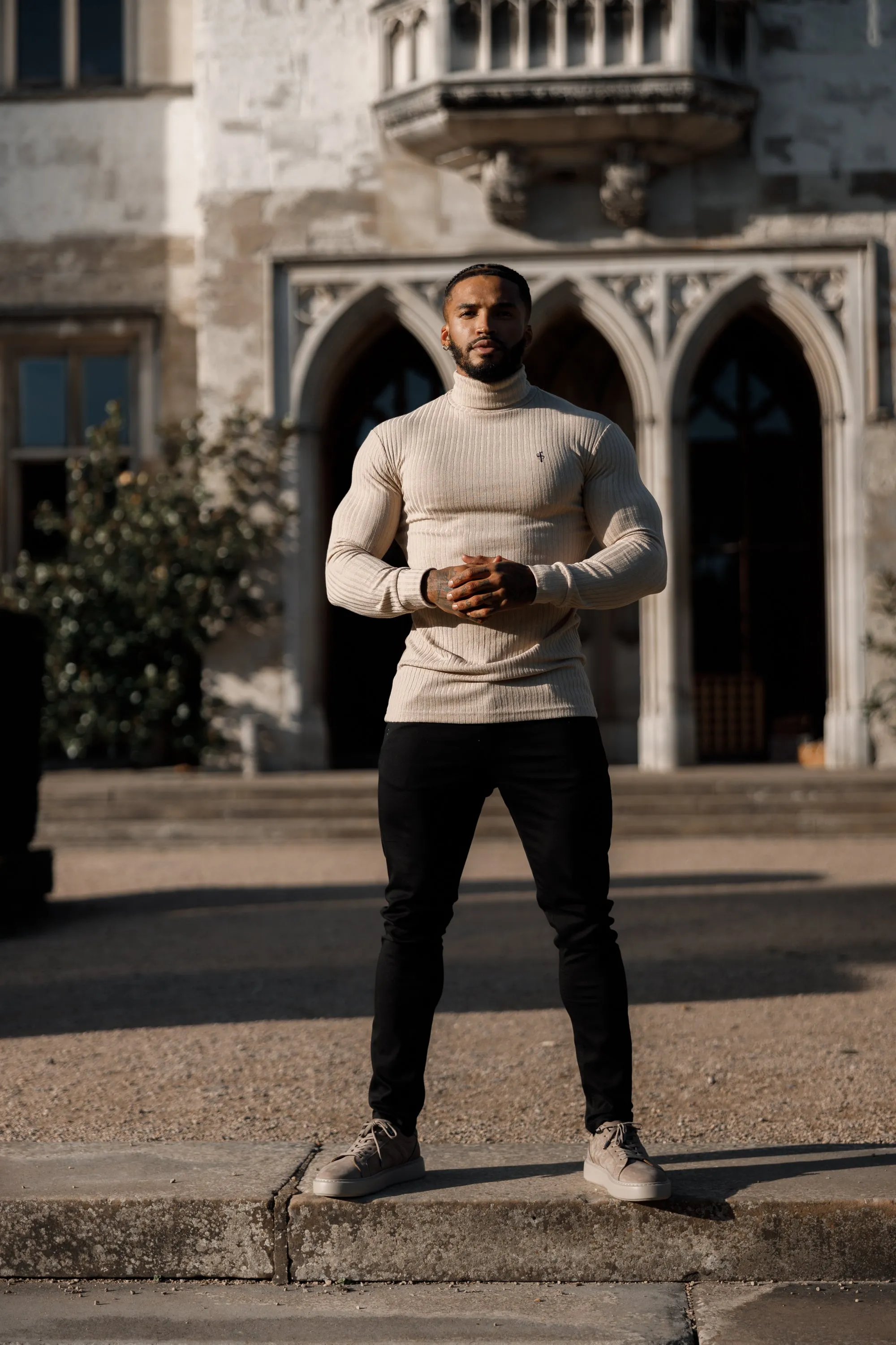 Father Sons Classic Beige / Black Ribbed Knit Roll Neck Jumper - FSH779