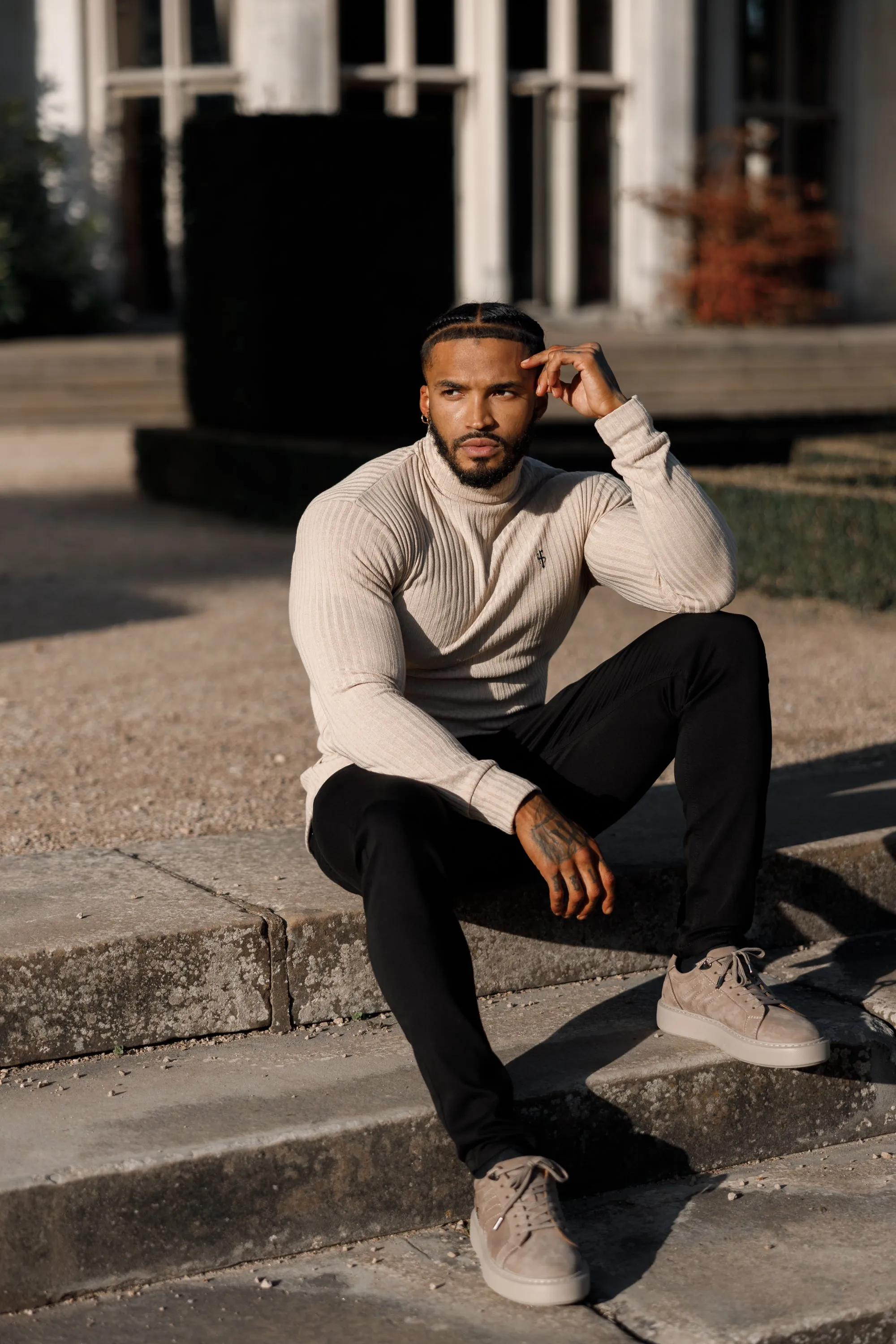 Father Sons Classic Beige / Black Ribbed Knit Roll Neck Jumper - FSH779