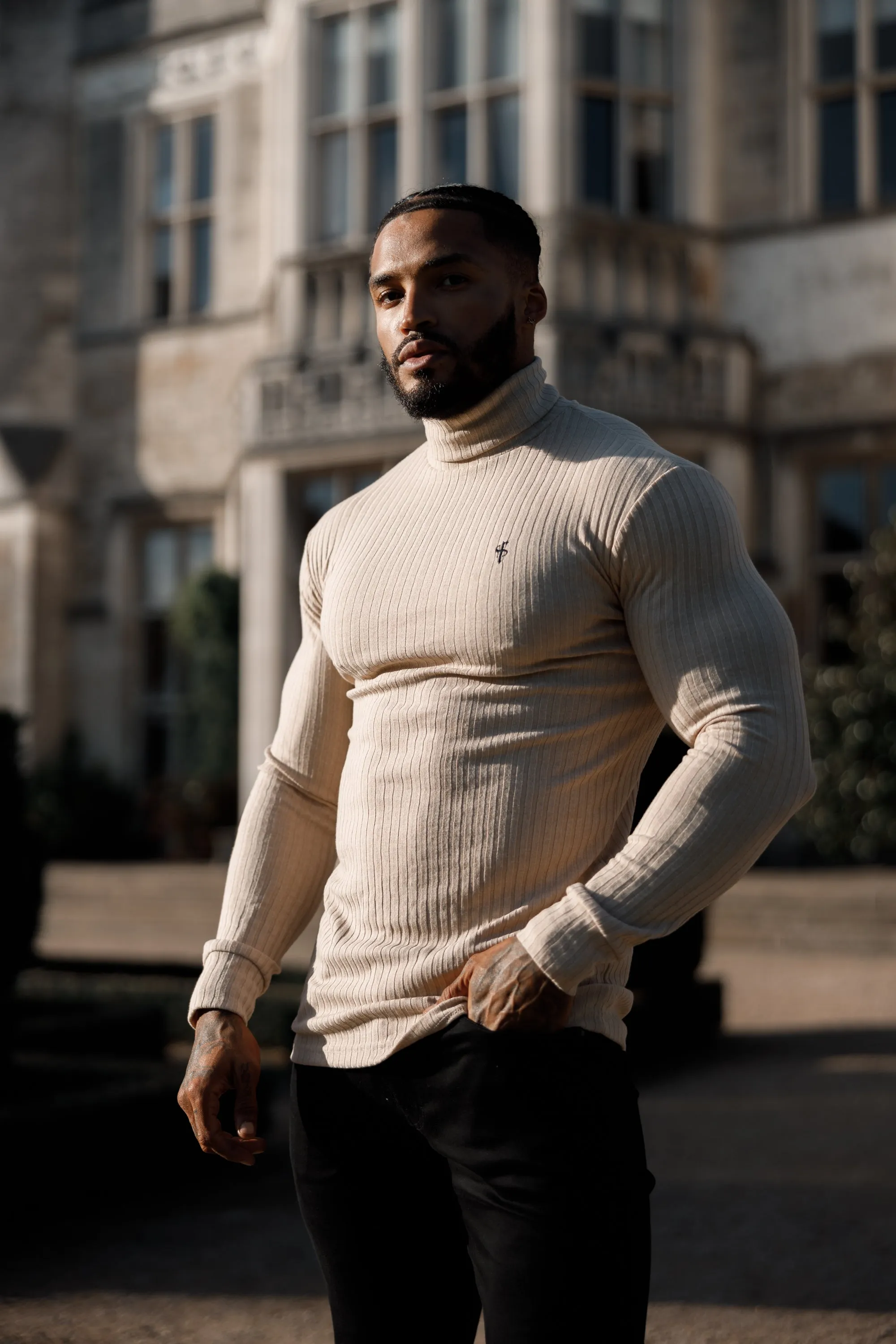 Father Sons Classic Beige / Black Ribbed Knit Roll Neck Jumper - FSH779
