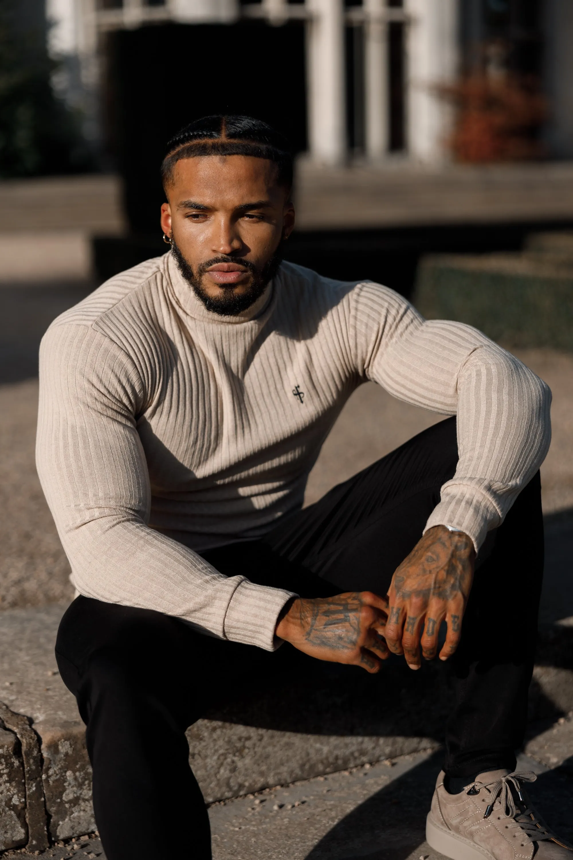 Father Sons Classic Beige / Black Ribbed Knit Roll Neck Jumper - FSH779