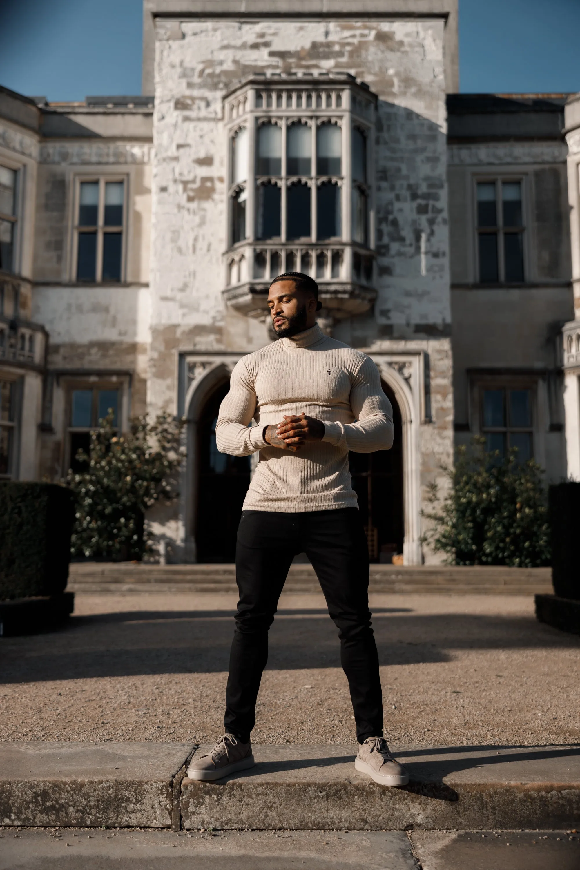 Father Sons Classic Beige / Black Ribbed Knit Roll Neck Jumper - FSH779