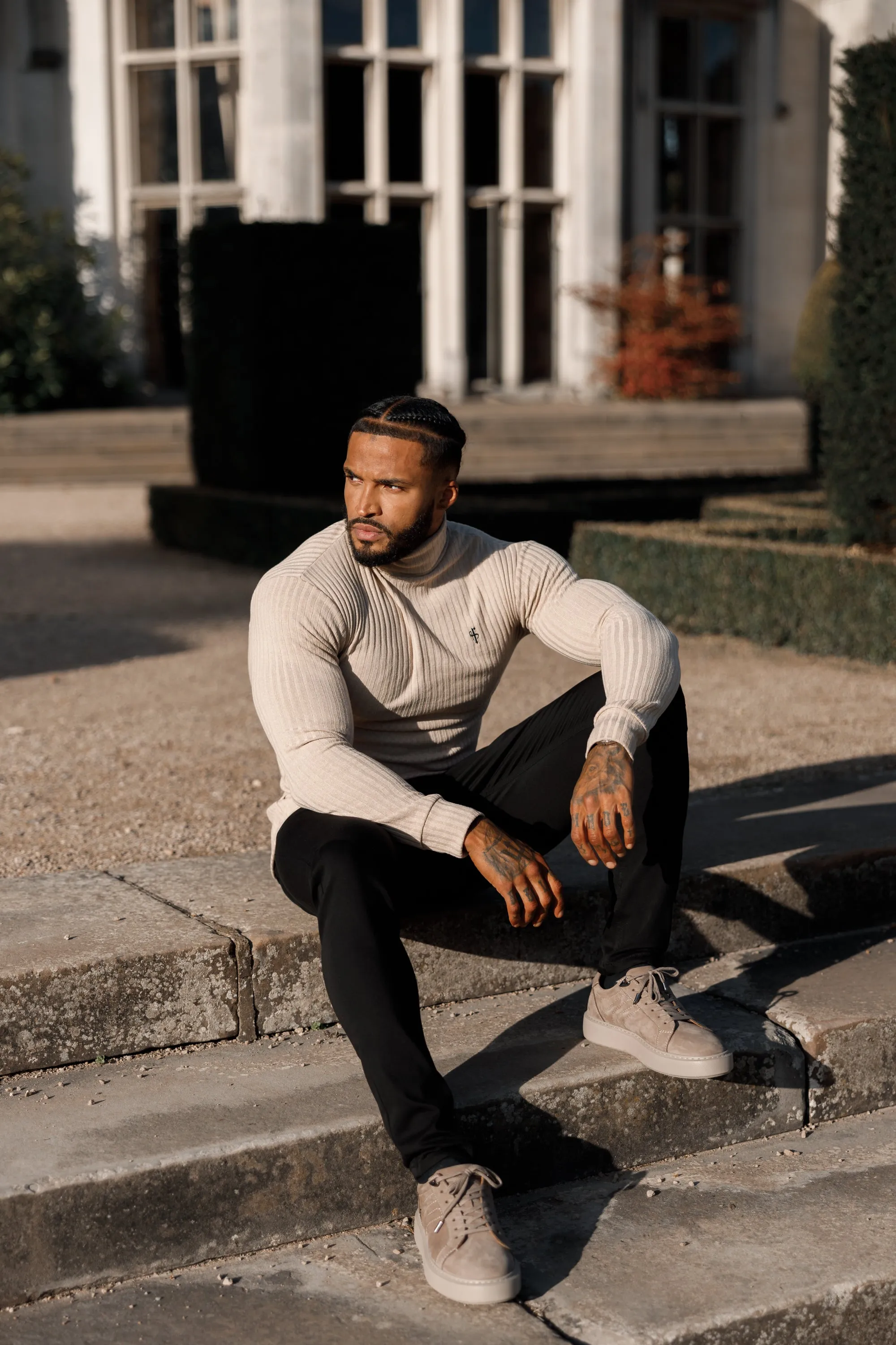 Father Sons Classic Beige / Black Ribbed Knit Roll Neck Jumper - FSH779