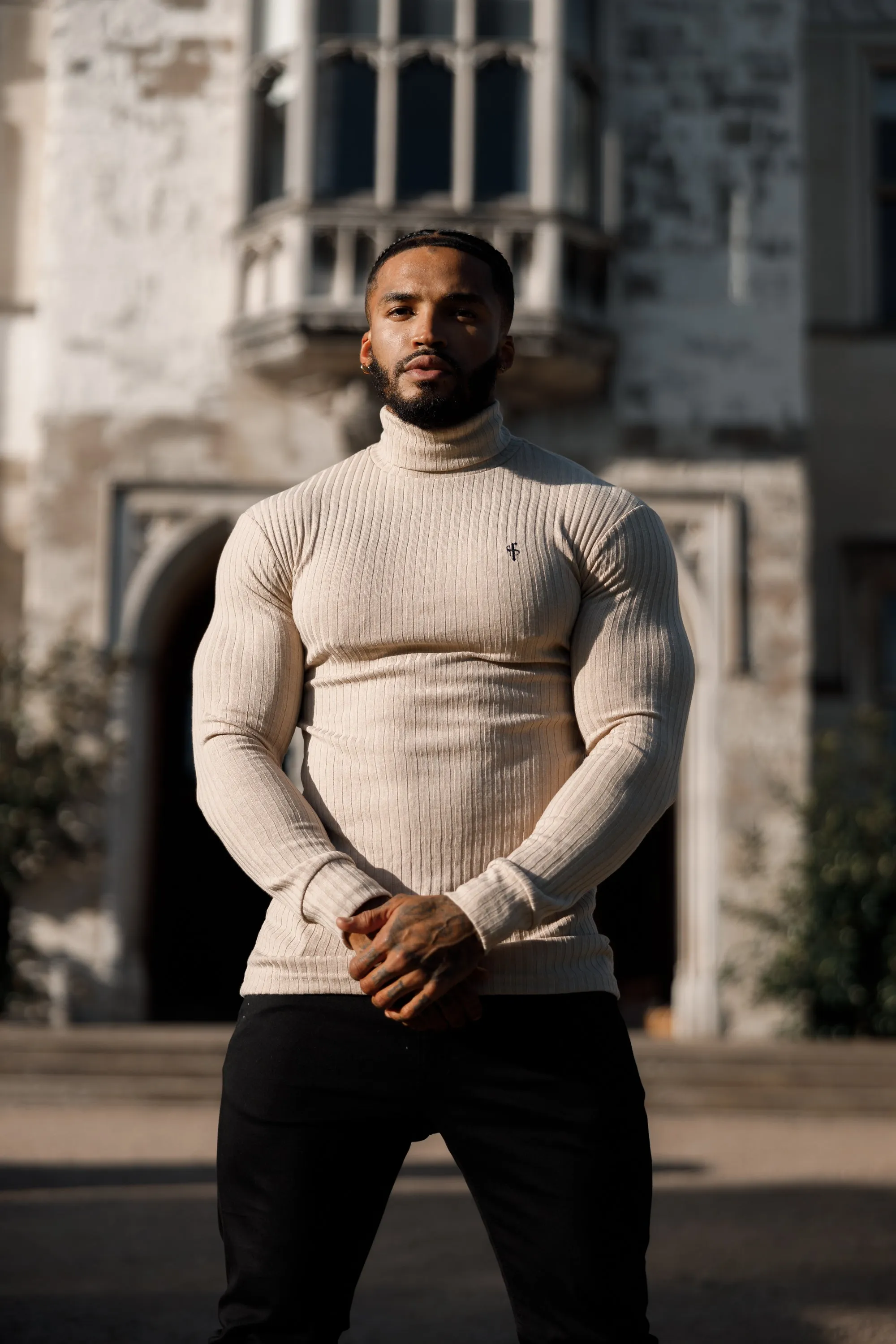 Father Sons Classic Beige / Black Ribbed Knit Roll Neck Jumper - FSH779