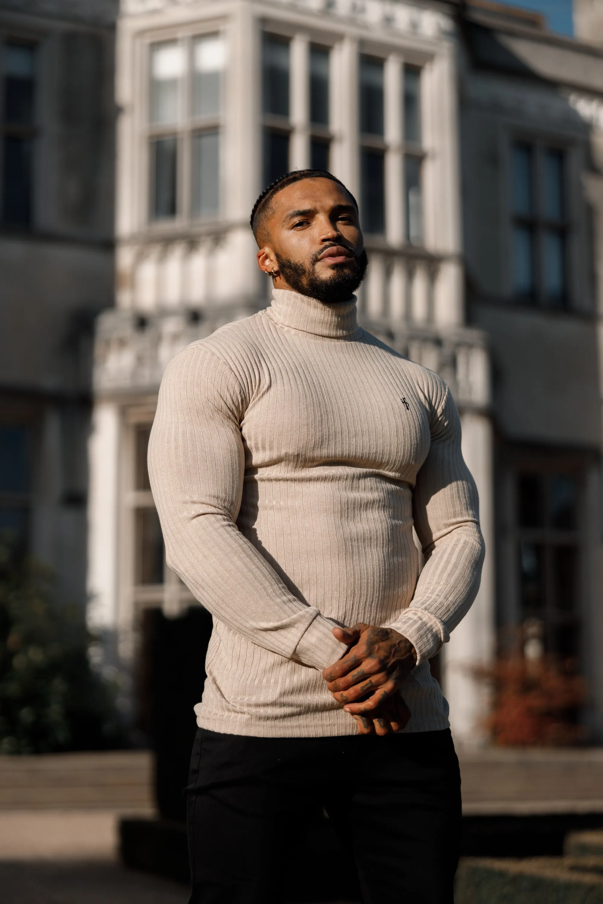 Father Sons Classic Beige / Black Ribbed Knit Roll Neck Jumper - FSH779