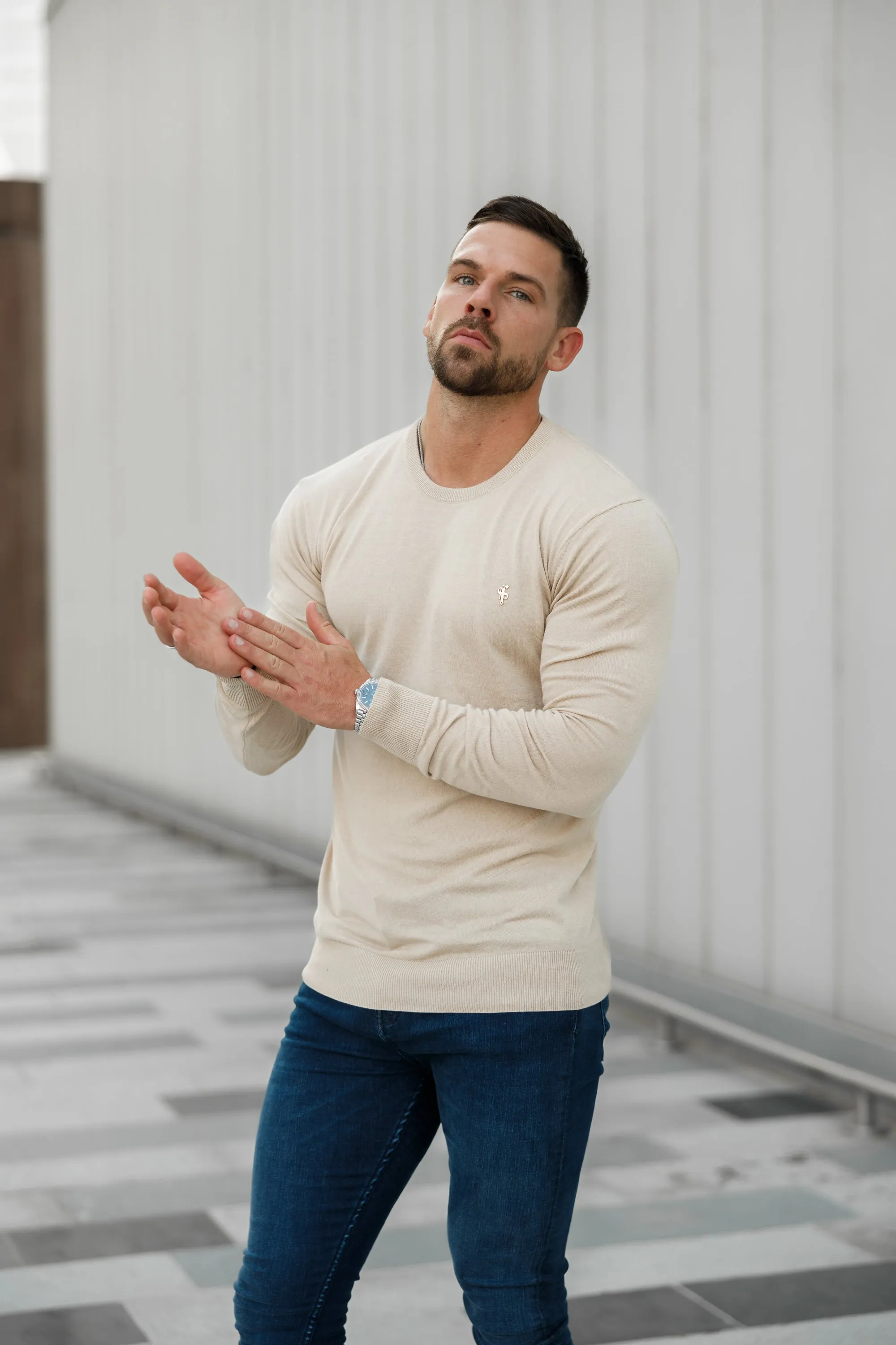 Father Sons Classic Beige Light Weight Knitted Crew Neck with Gold Metal Decal - FSN093