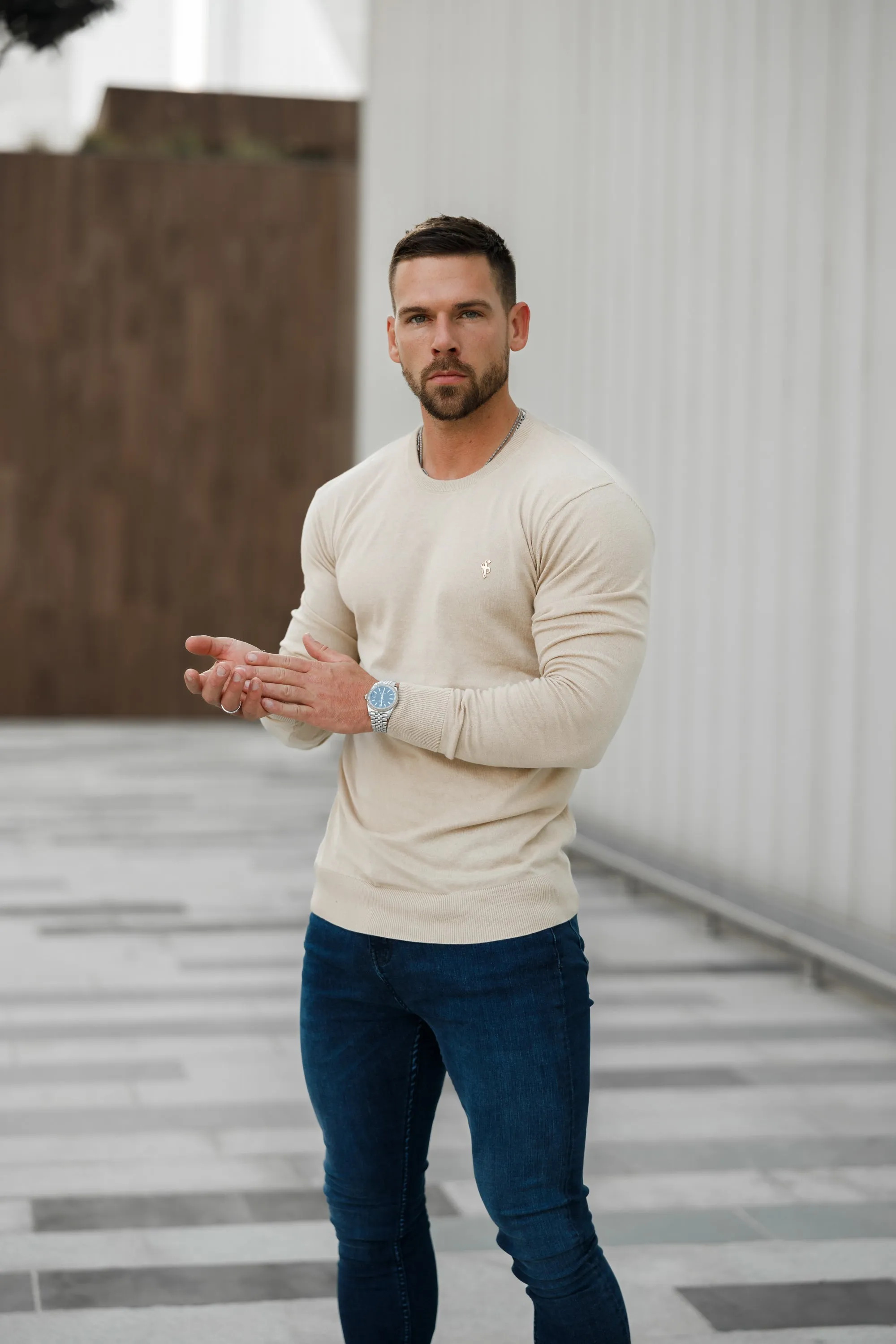 Father Sons Classic Beige Light Weight Knitted Crew Neck with Gold Metal Decal - FSN093