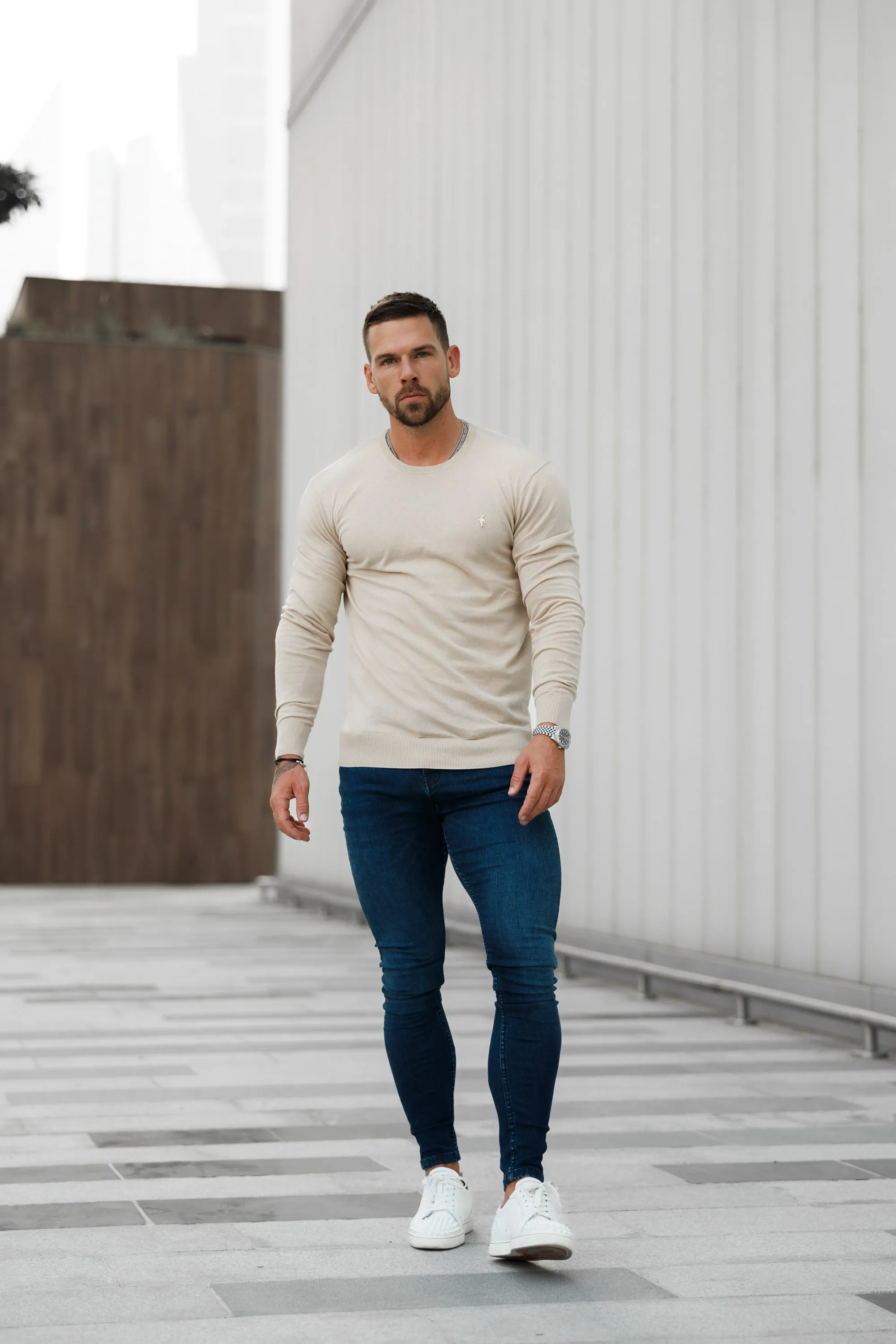 Father Sons Classic Beige Light Weight Knitted Crew Neck with Gold Metal Decal - FSN093