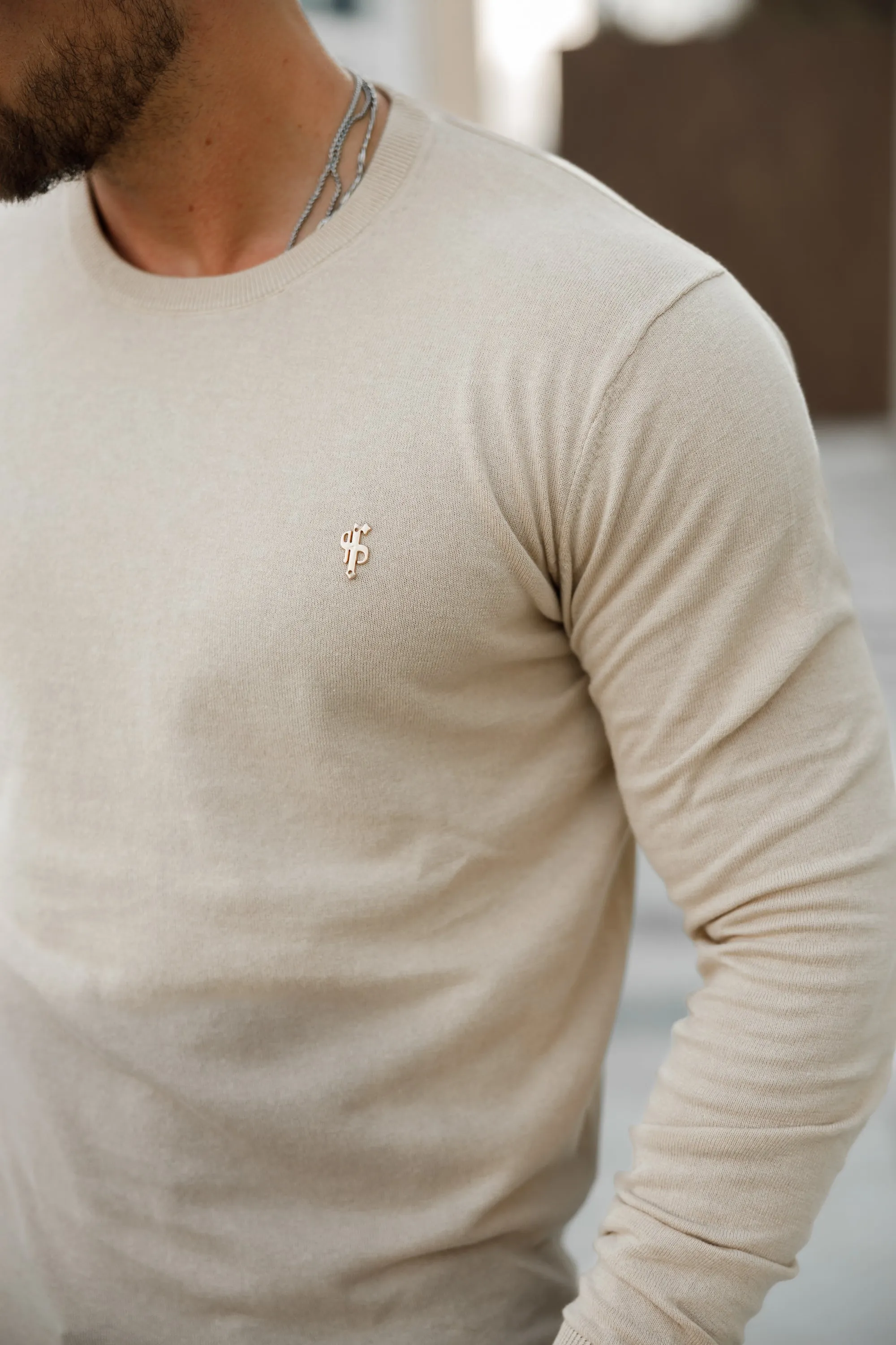 Father Sons Classic Beige Light Weight Knitted Crew Neck with Gold Metal Decal - FSN093
