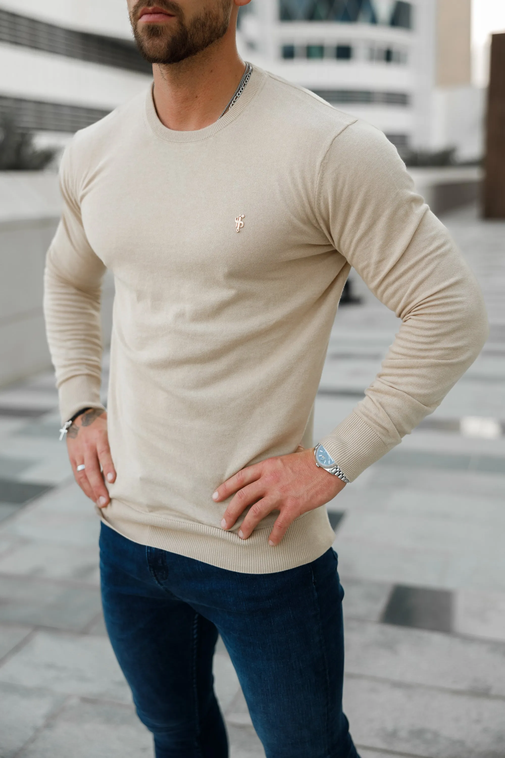 Father Sons Classic Beige Light Weight Knitted Crew Neck with Gold Metal Decal - FSN093