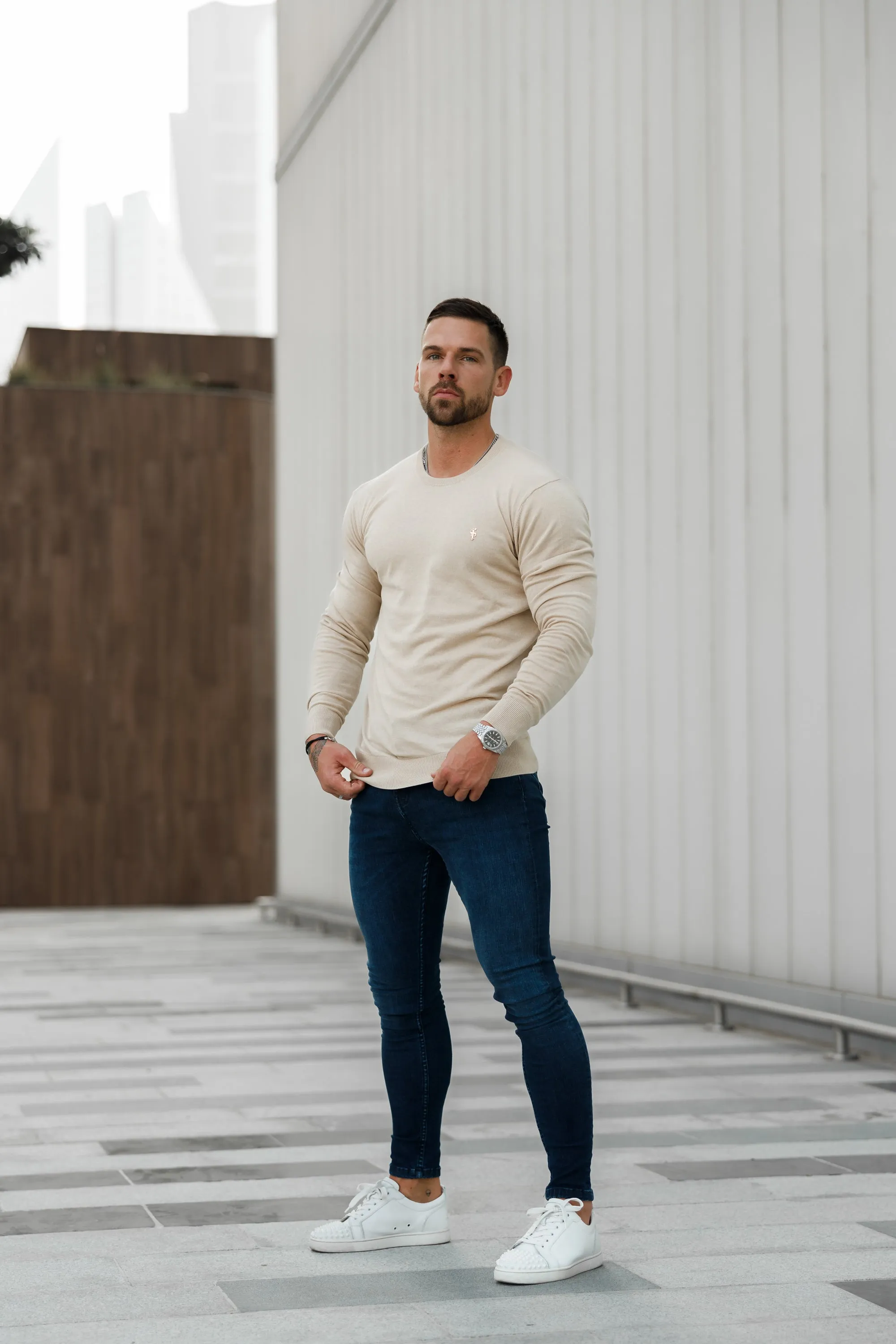 Father Sons Classic Beige Light Weight Knitted Crew Neck with Gold Metal Decal - FSN093