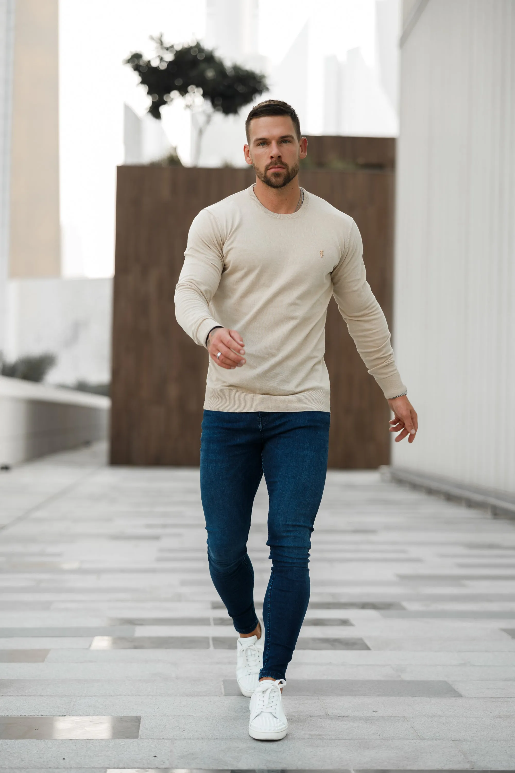 Father Sons Classic Beige Light Weight Knitted Crew Neck with Gold Metal Decal - FSN093