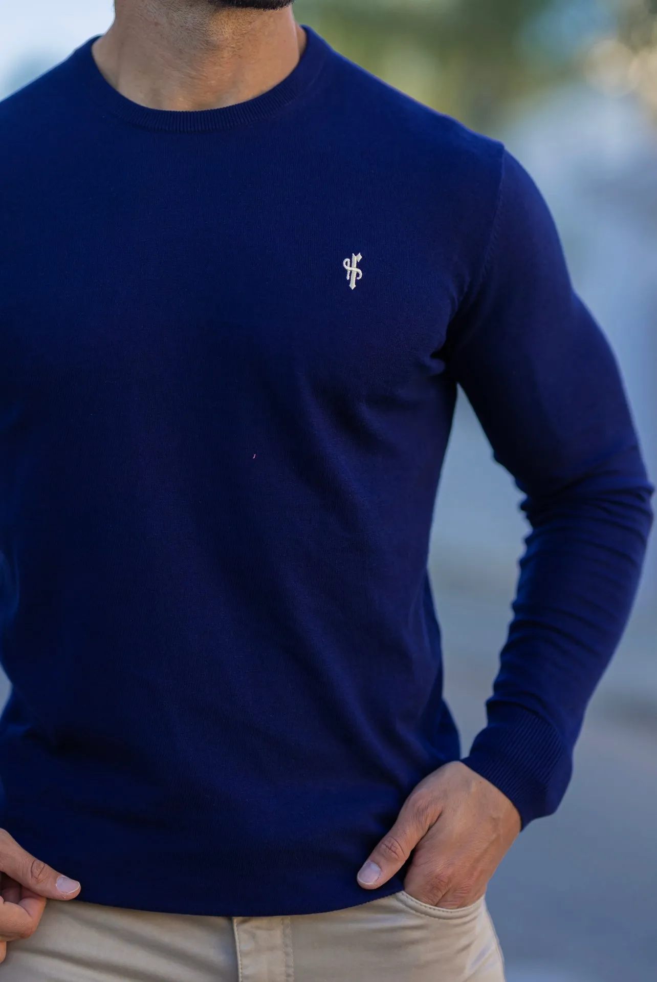 Father Sons Classic Navy Crew Neck Knitted Jumper with Yellow Embroidery - FSN089