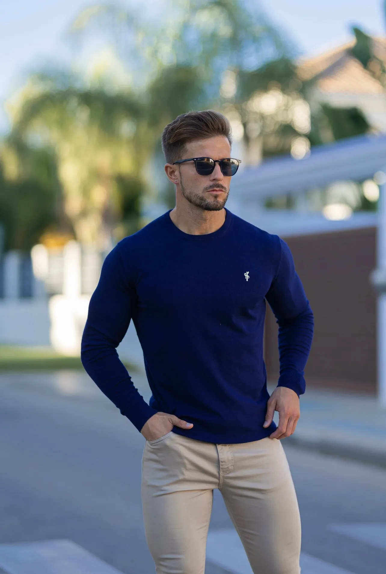 Father Sons Classic Navy Crew Neck Knitted Jumper with Yellow Embroidery - FSN089