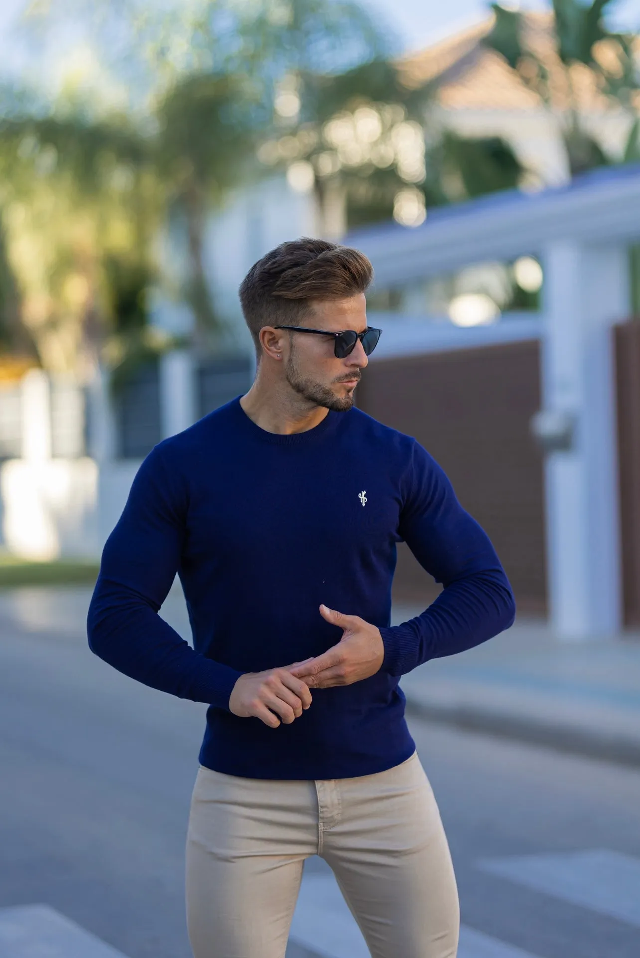 Father Sons Classic Navy Crew Neck Knitted Jumper with Yellow Embroidery - FSN089