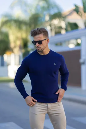 Father Sons Classic Navy Crew Neck Knitted Jumper with Yellow Embroidery - FSN089