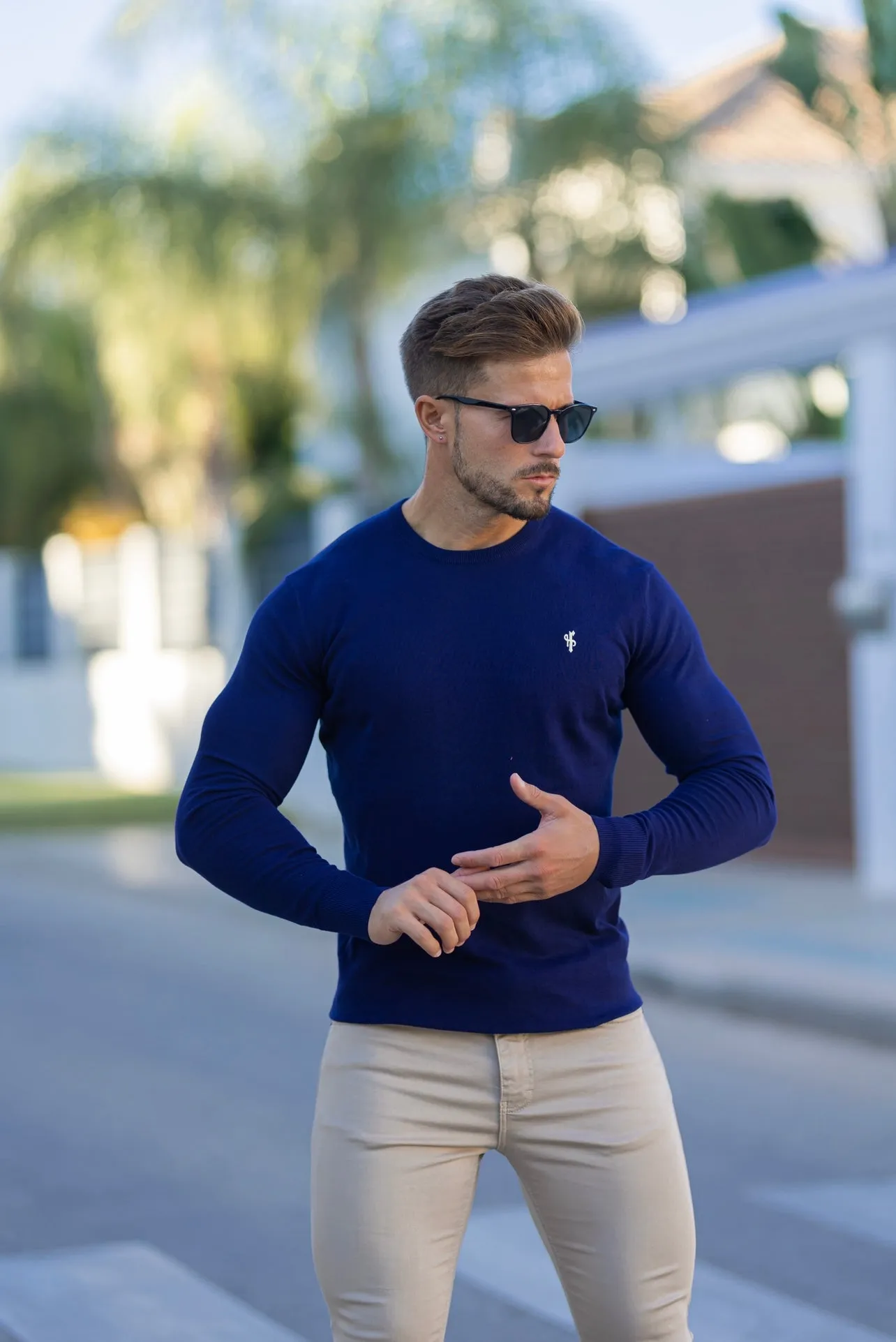 Father Sons Classic Navy Crew Neck Knitted Jumper with Yellow Embroidery - FSN089