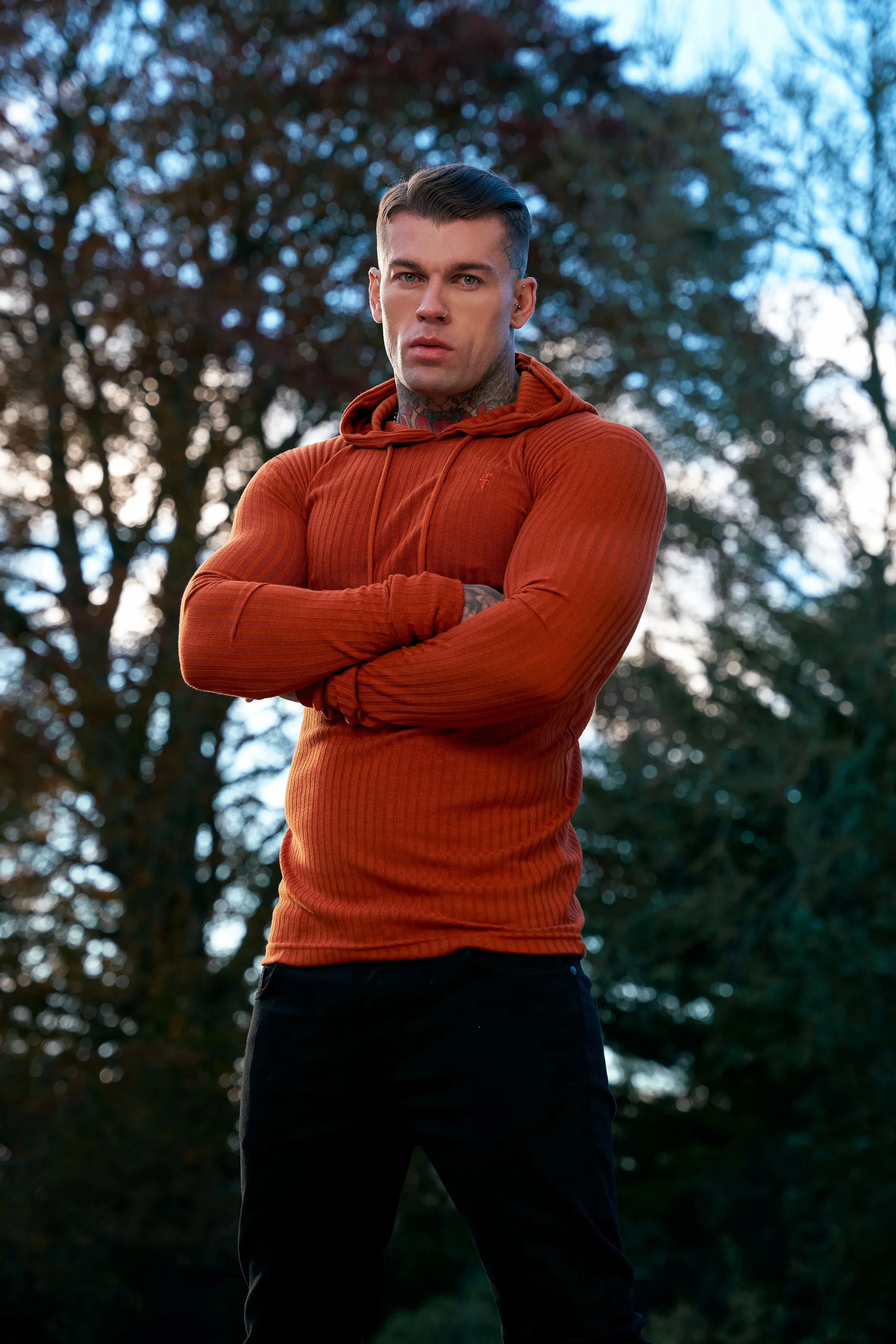 Father Sons Classic Rust Ribbed Knit Hoodie Jumper - FSH910