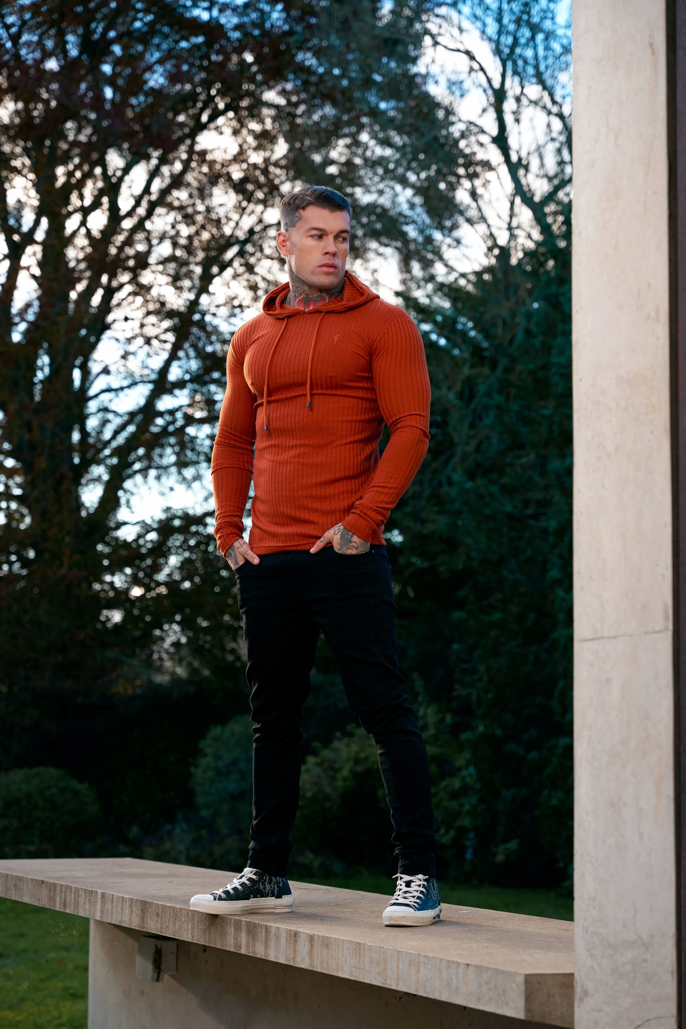 Father Sons Classic Rust Ribbed Knit Hoodie Jumper - FSH910