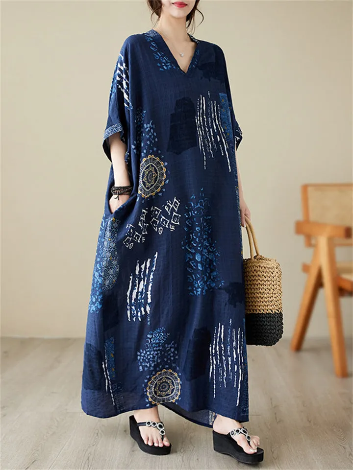 Female Cotton Linen Retro V-neck Beach Vacation Dress