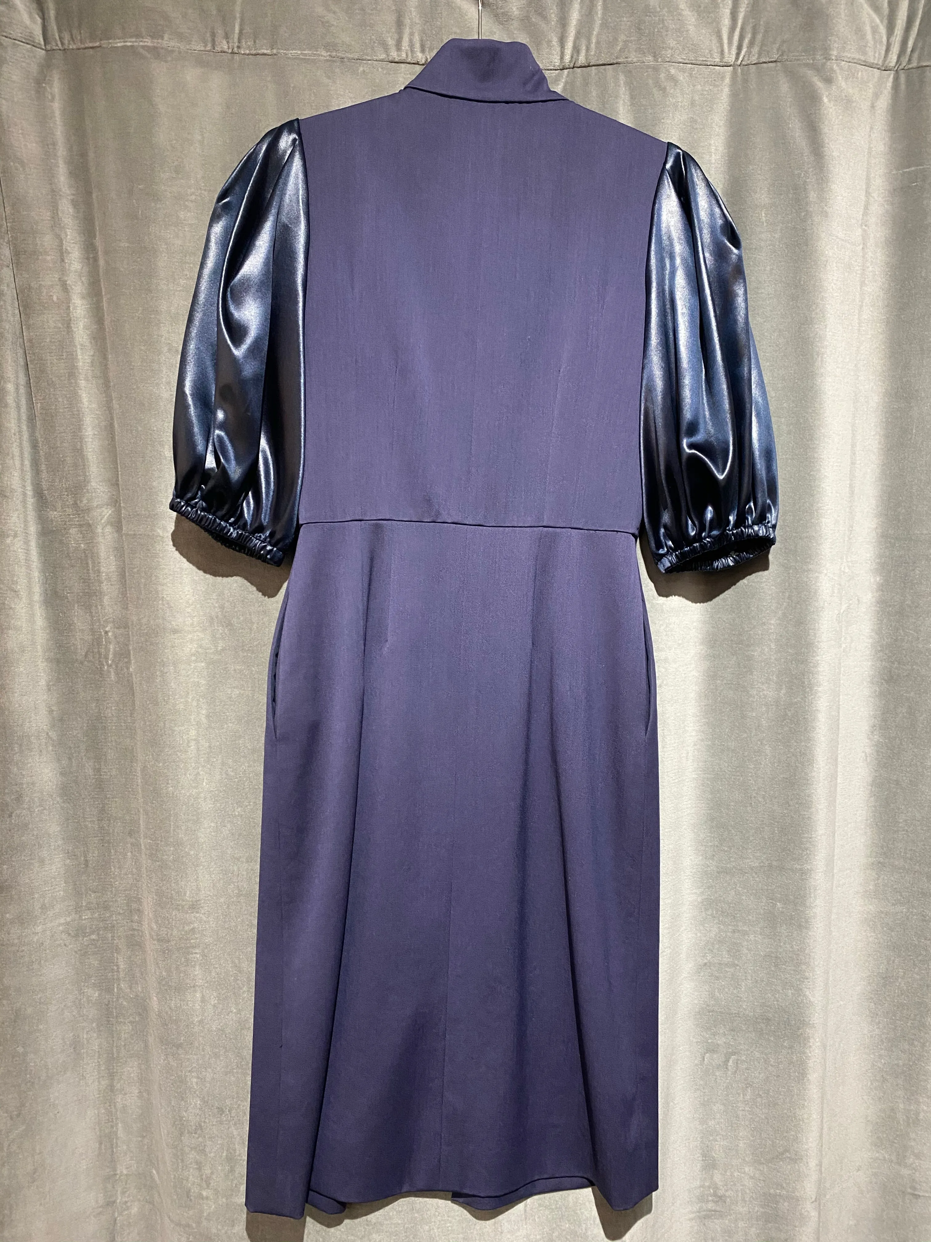 Fendi Navy Front Zip Dress with Satin Oversized Puffy Short Sleeves