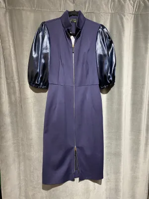 Fendi Navy Front Zip Dress with Satin Oversized Puffy Short Sleeves