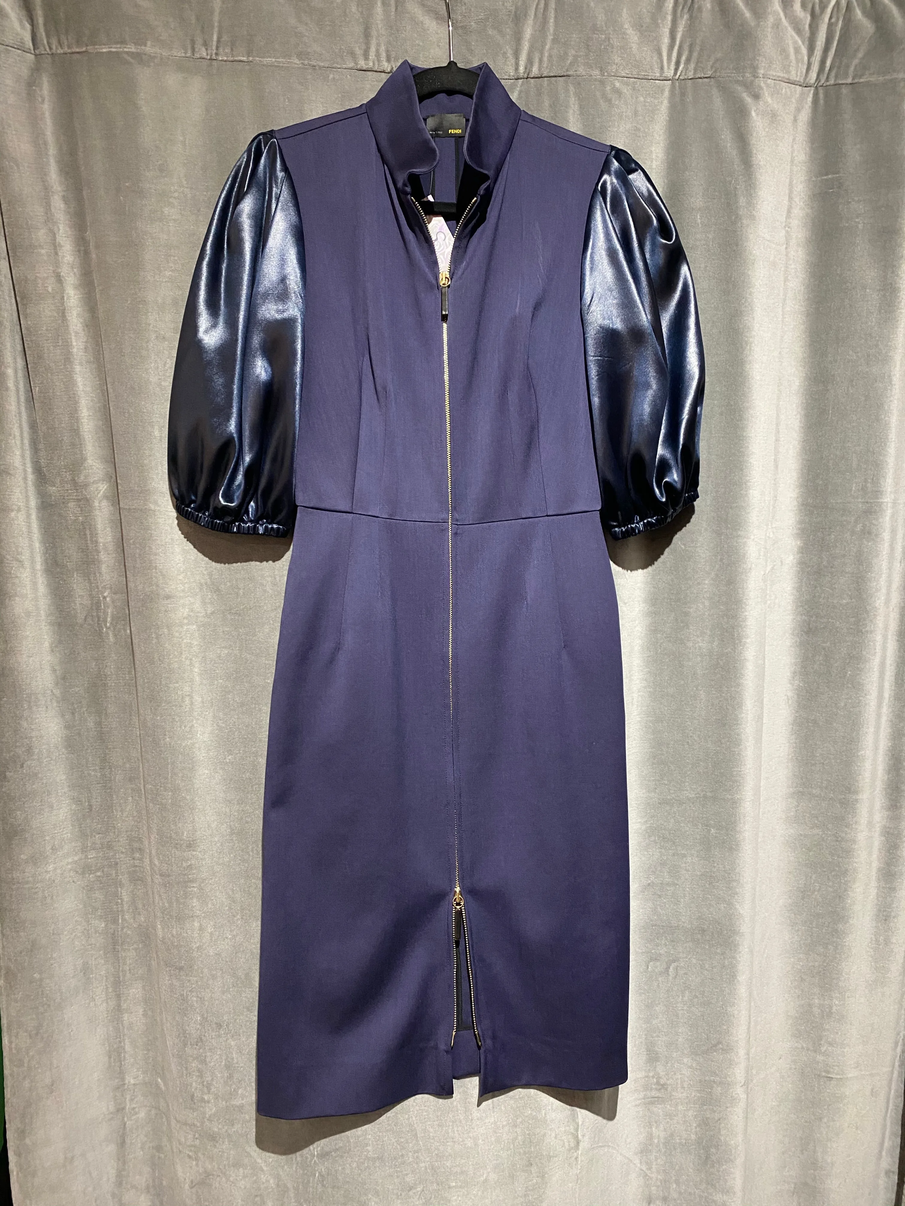 Fendi Navy Front Zip Dress with Satin Oversized Puffy Short Sleeves