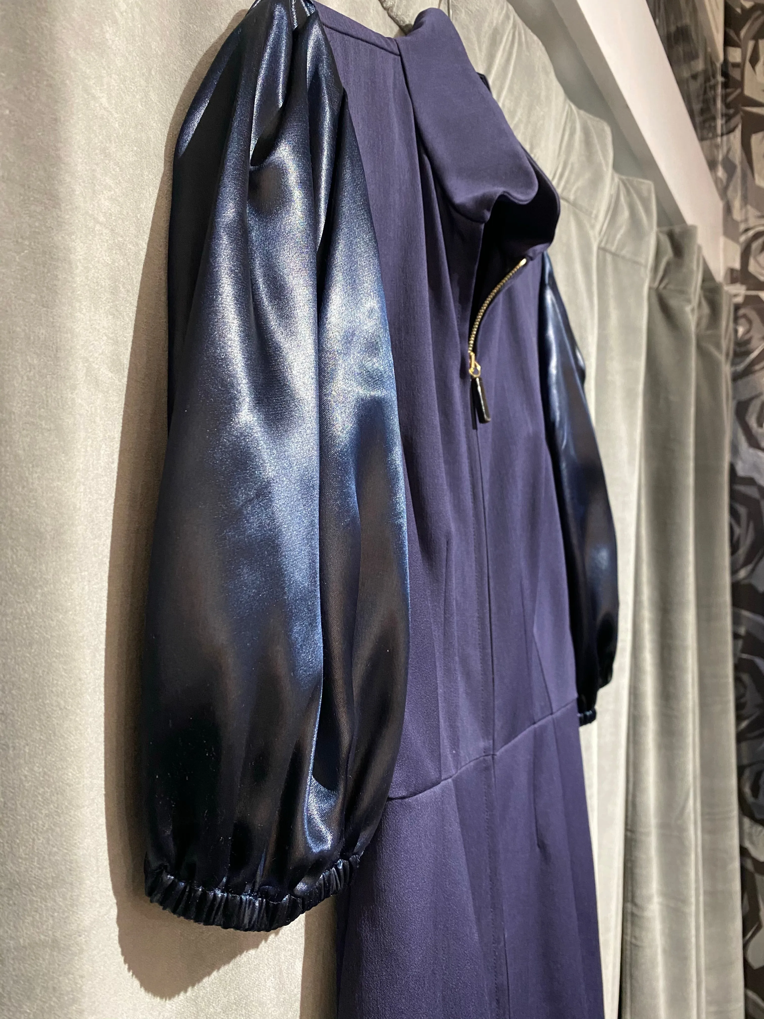 Fendi Navy Front Zip Dress with Satin Oversized Puffy Short Sleeves