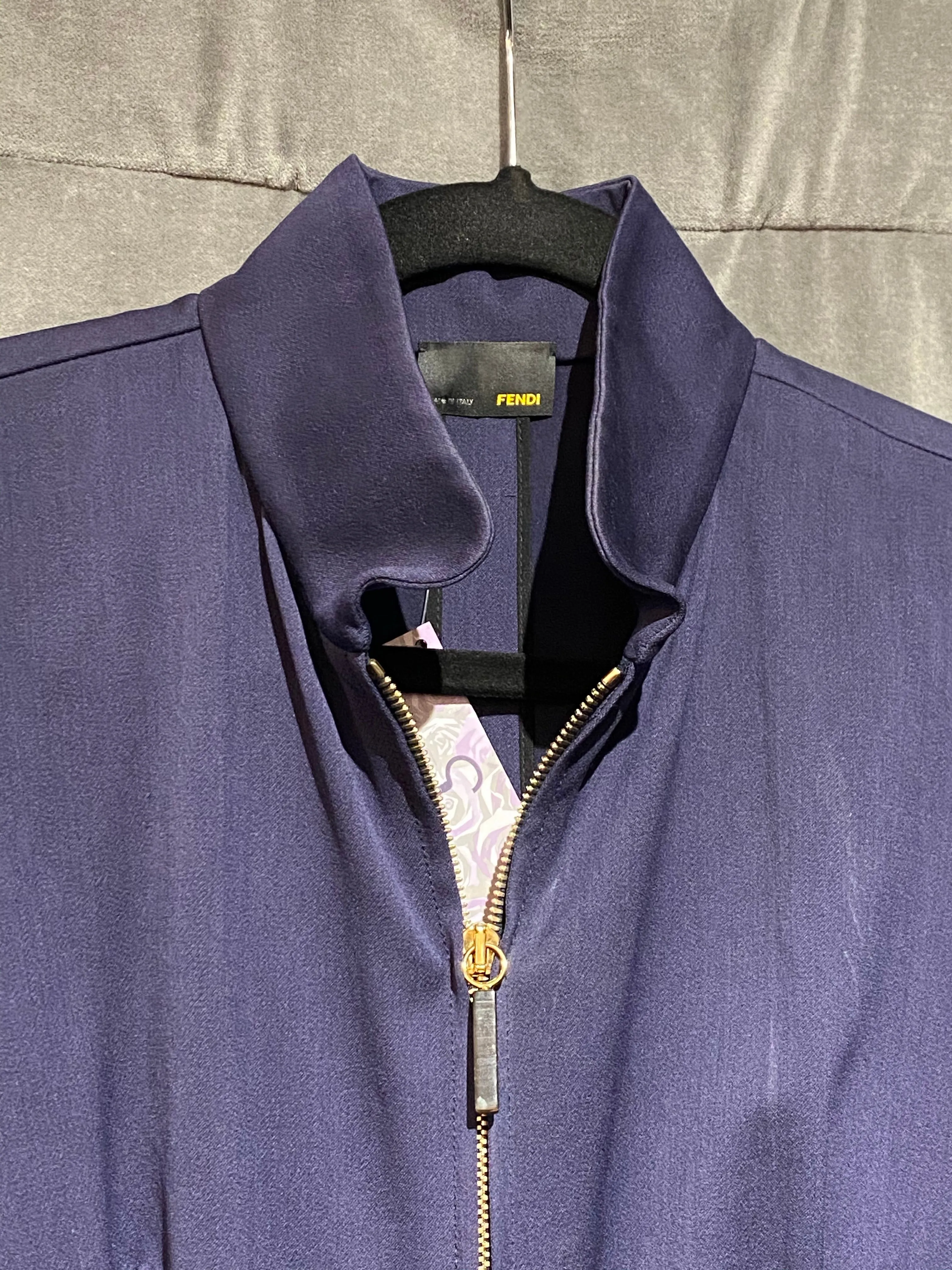 Fendi Navy Front Zip Dress with Satin Oversized Puffy Short Sleeves
