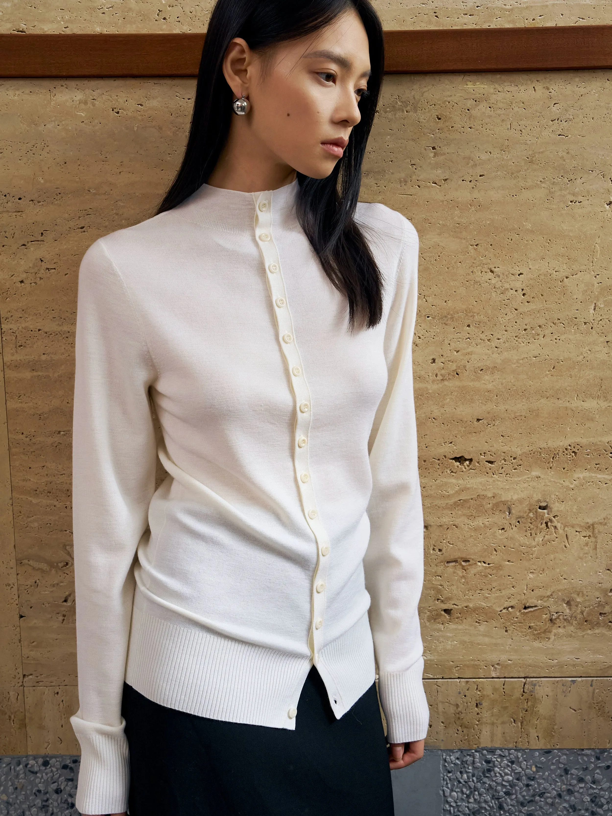 Finely Spun Wool Button-Up Cardigan
