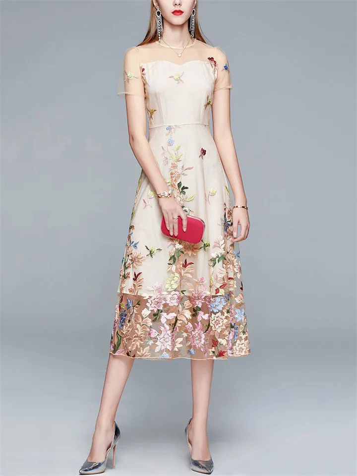 Floral Embroidered Women's High-Rise Mesh Dresses