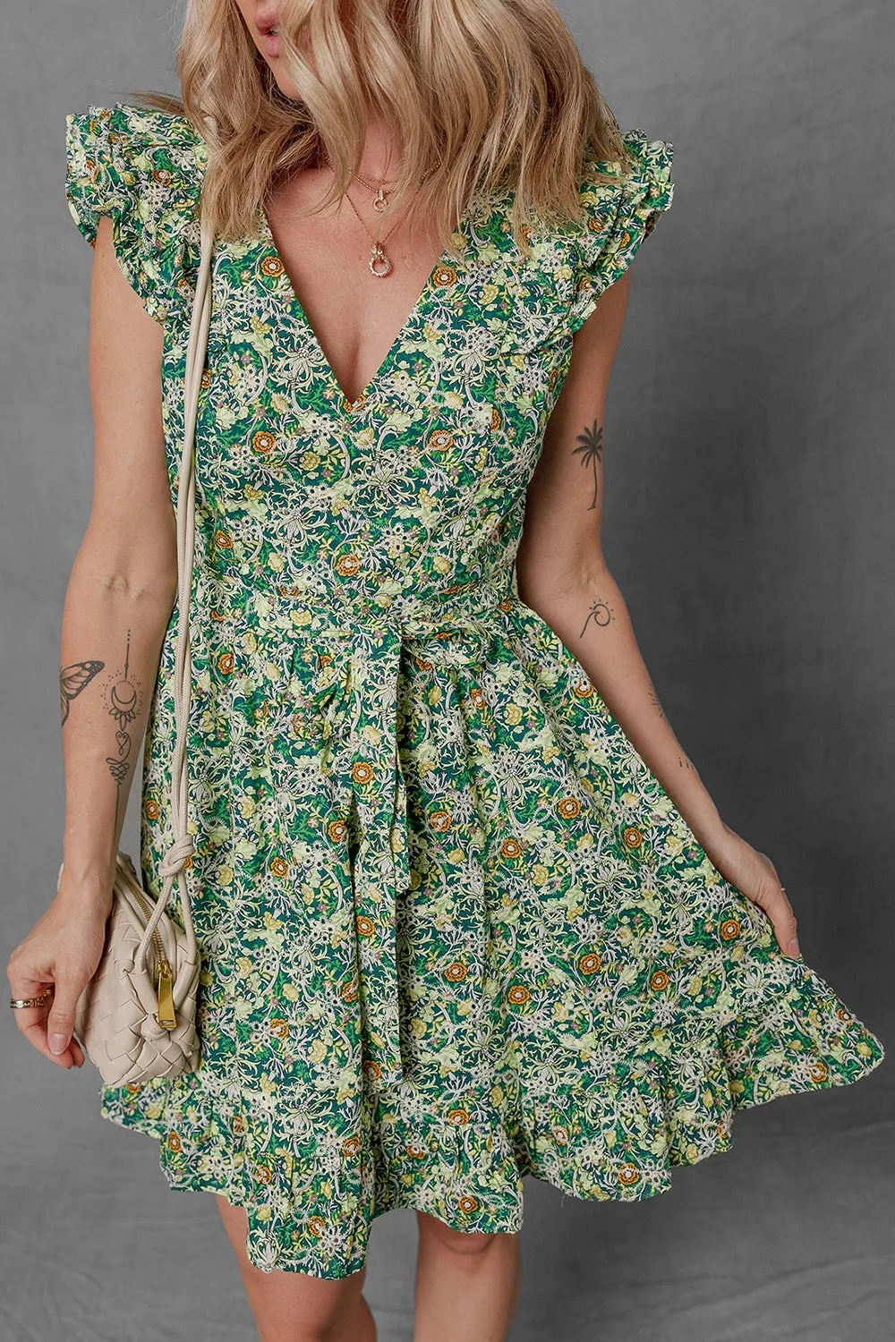 Floral Flutter Sleeve V-Neck Sashed Ruffled Mini Dress