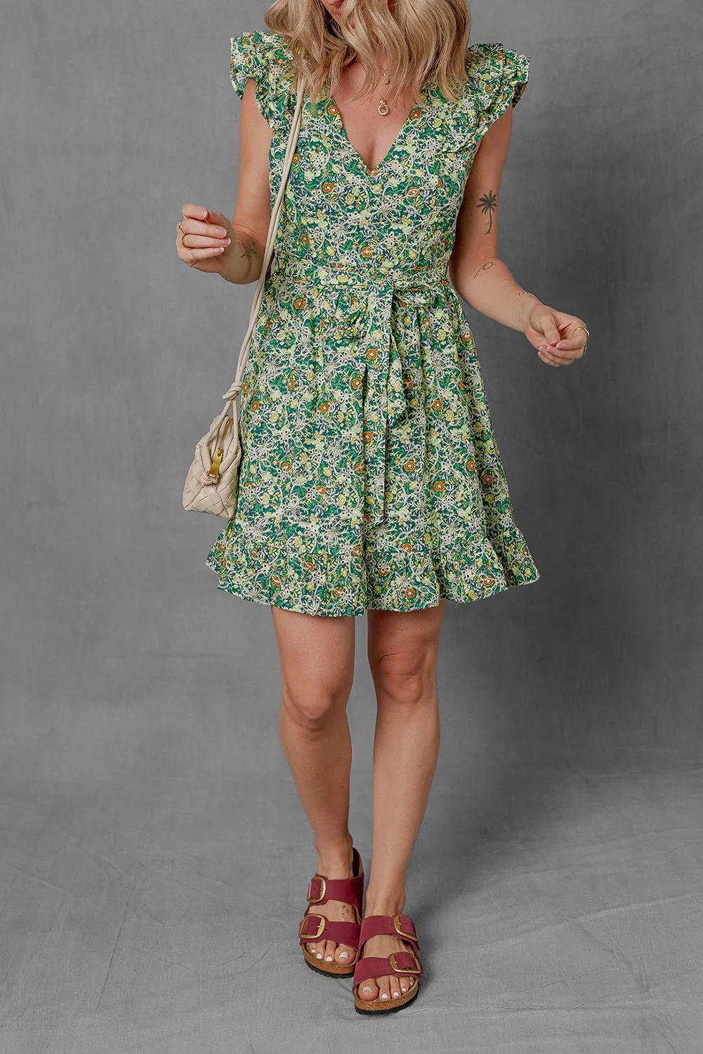 Floral Flutter Sleeve V-Neck Sashed Ruffled Mini Dress