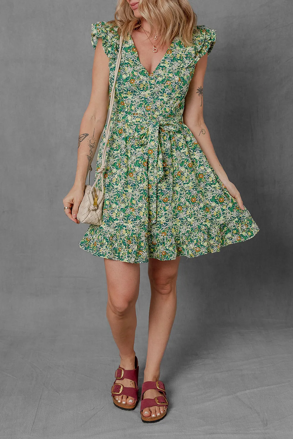 Floral Flutter Sleeve V-Neck Sashed Ruffled Mini Dress