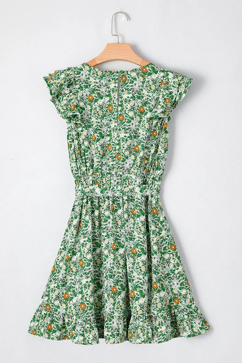 Floral Flutter Sleeve V-Neck Sashed Ruffled Mini Dress