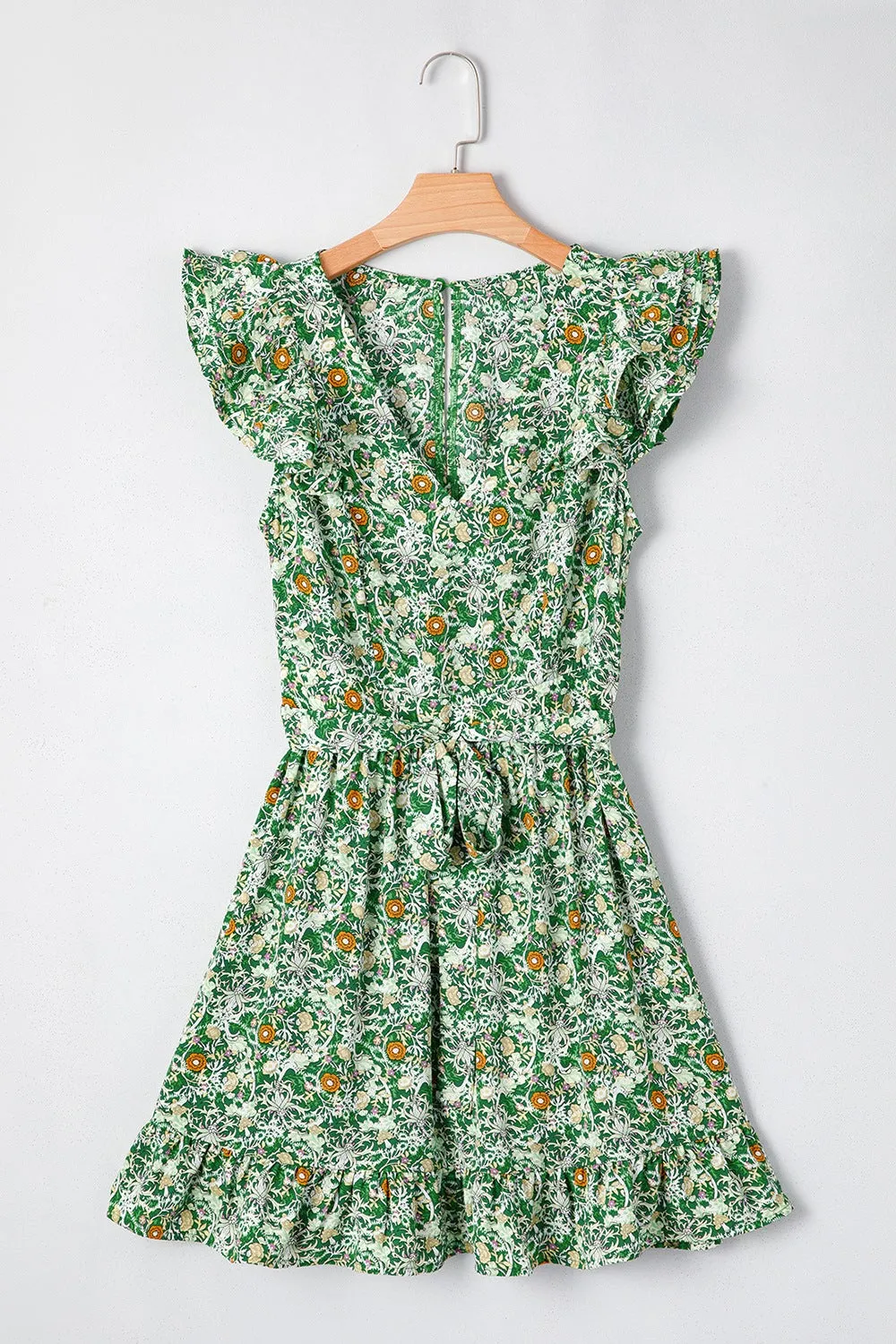 Floral Flutter Sleeve V-Neck Sashed Ruffled Mini Dress