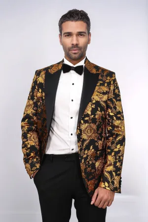Floral Patterned Slim Fit Yellow Men Prom Blazer - Wessi