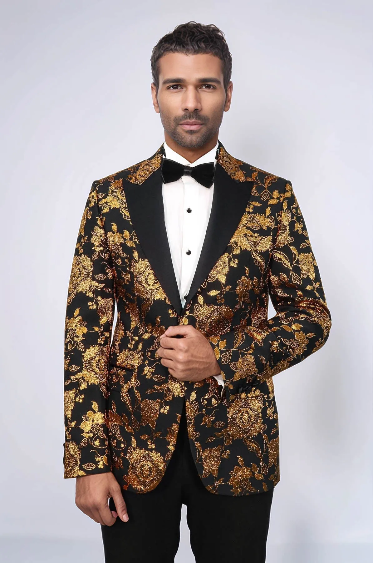 Floral Patterned Slim Fit Yellow Men Prom Blazer - Wessi