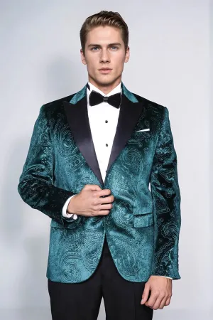 Floral Patterned Velvet Green Men Prom Blazer - Wessi