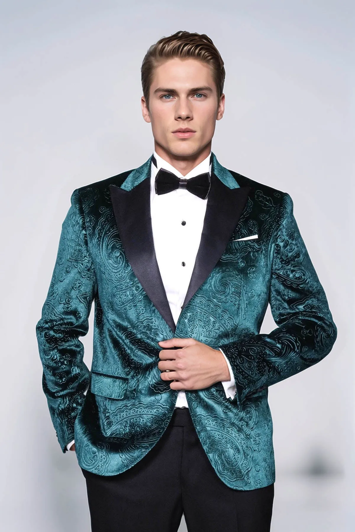 Floral Patterned Velvet Green Men Prom Blazer - Wessi