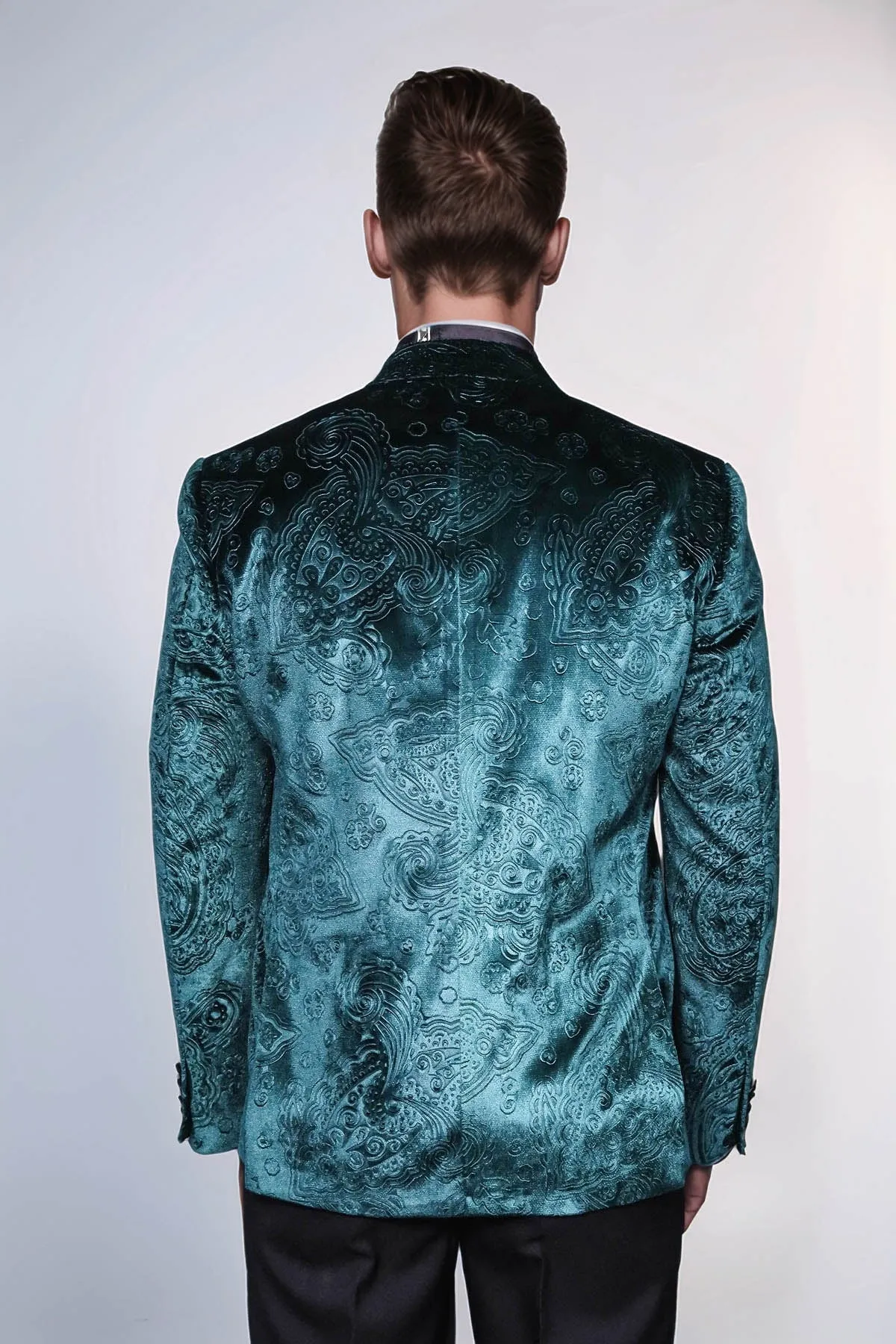 Floral Patterned Velvet Green Men Prom Blazer - Wessi