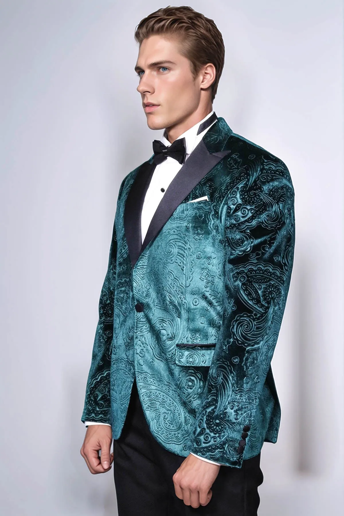 Floral Patterned Velvet Green Men Prom Blazer - Wessi
