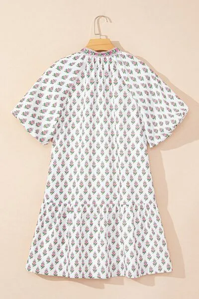 Floral Print Puff Sleeve Tie Neck Ruffled Hem Dress